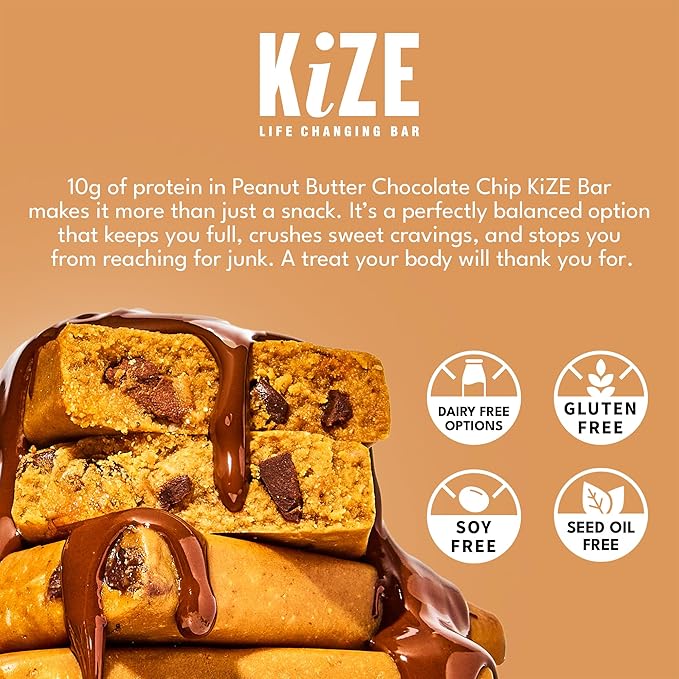 KiZE Energy Bars - Peanut Butter Chocolate Chip - Gluten Free, Dairy Free, Non-GMO, and High Protein Meal Replacement Energy Bars, Clean and Simple Food Ingredients - 10g High Protein Snacks, (10 Count)
