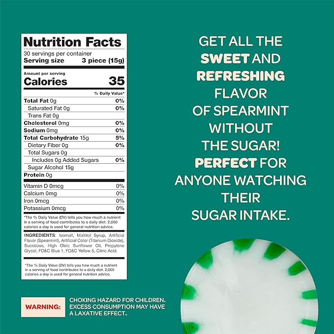 Sugar Free Mints - 1 lb (Aprox. 90 Count) - Sugar Free Hard Candy- Spearmint Candy -Zero Sugar Candy -Speamint Mints Individually Wrapped