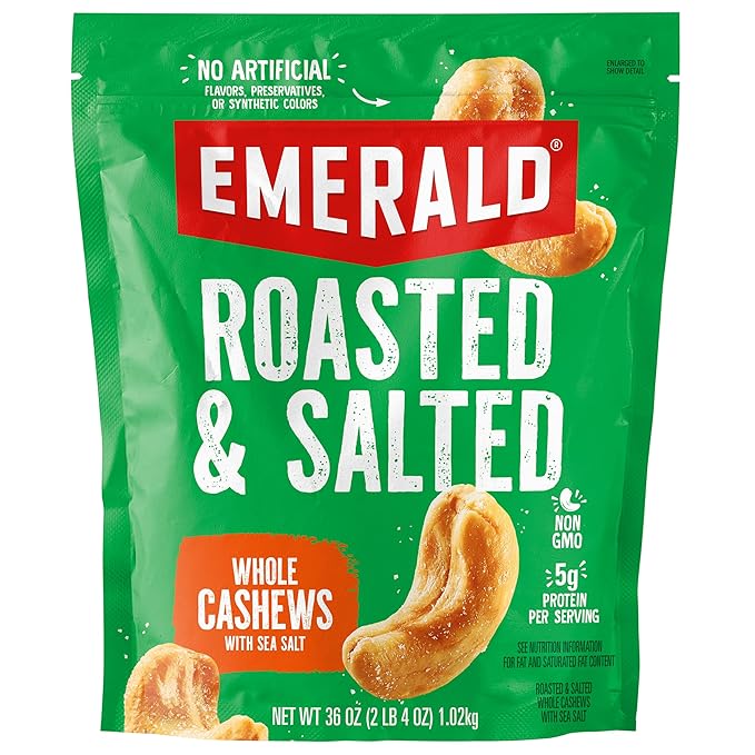 Emerald Nuts Roasted and Salted Whole Cashews (1-Pack) | 36oz Resealable Bulk Bag | Plant-Based Protein, Kosher Certified, Non-GMO | Contains No Artificial Preservatives, Flavors or Synthetic Colors
