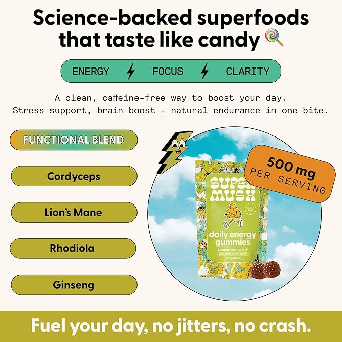 SuperMush Energy Mushroom Gummies - Organic Lions Mane Supplement with Cordyceps, Rhodiola, L-Theanine, Maca - Vegan & Sugar-Free - Energy, Focus, Stamina, Stress Reduction - 60 Gummies (30 Servings)