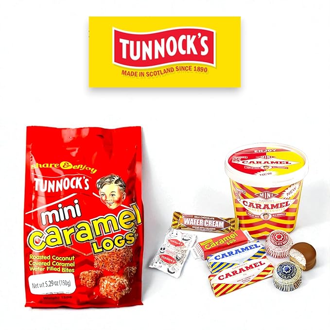 Tunnocks Mini Caramel wafer biscuits logs 5oz, covered with Roasted Coconut Wafer Bites, 150g