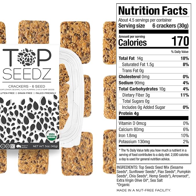Top Seedz Certified Organic Gluten Free 6 Seed Crackers | 6-Pack | 5 Ounces | Healthy Vegan Crackers with Plant Based Protein | Made of Sunflower, Flax, Sesame and Pumpkin Seed