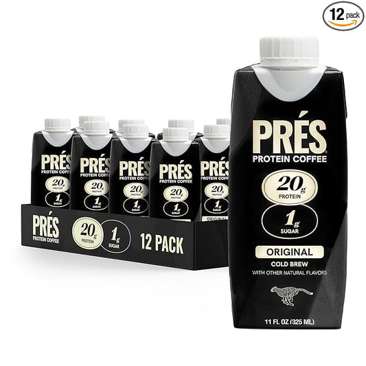 Prés - Protein Coffee - High Protein - Real Cold Brew - 20g Protein - 1g Sugar - 100 Calories - No Added Sugar - Coffee - Protein - 11 FL OZ - 12 Pack (Original)