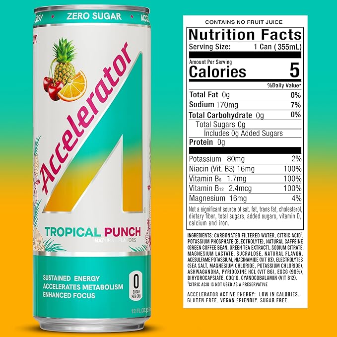 Accelerator Energy Drink, Tropical Punch, 12oz can (12 pack), Zero Sugar, Sustained Energy from 100% Natural Caffeine (200mg from Green Coffee Bean & Green Tea extract)