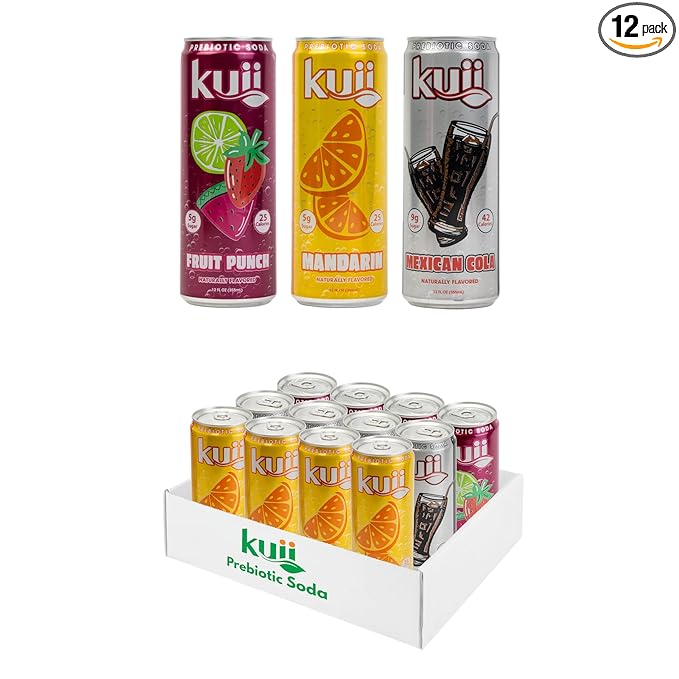 Kuii Prebiotic Soda Variety Pack – 12 Count with Mexican Cola, Mandarin & Fruit Punch Flavors – Sparkling Gut-Friendly Drinks for Refreshing, Guilt-Free Hydration, 12 fl oz Cans
