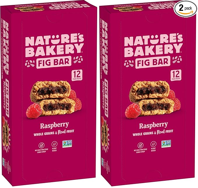 Nature’s Bakery Whole Wheat Fig Bars, Raspberry, Real Fruit, Vegan, Non-GMO, Snack bar, 1 box with 12 twin packs (12 twin packs) (Pack of 2)