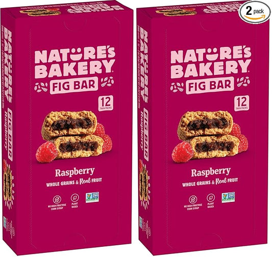 Nature’s Bakery Whole Wheat Fig Bars, Raspberry, Real Fruit, Vegan, Non-GMO, Snack bar, 1 box with 12 twin packs (12 twin packs) (Pack of 2)