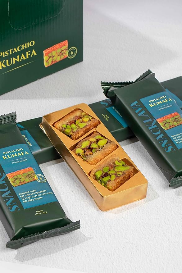 Snacklava Pistachio Kunafa - 20 Pack (60 Pieces) - No Artifical Ingredients, Colors or Preservatives - Premium Handmade Pastries