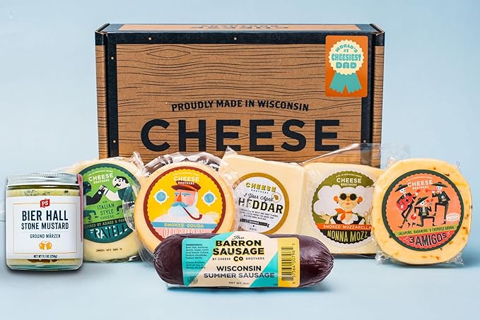 Cheese Bros. World's Cheesiest Dad Father's Day Gift Box | Wisconsin Made | Includes Italian Fratello, Gouda, Aged Cheddar, Classic Mustard and Artisan Salami | Great Food Gifting Idea!…
