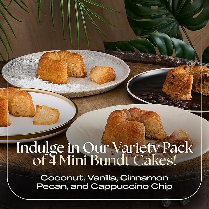 Great Spirits Baking Rum Runner Variety Pack, 4 Mini Bundt Cakes (4oz), Coconut, Vanilla, Cinnamon Pecan, Cappuccino Chip, Non-Alcoholic Gourmet Desserts, Less than 0.5% Alcohol, Artisan Crafted, Ideal for Special Occasions, Caribbean Inspired Flavors