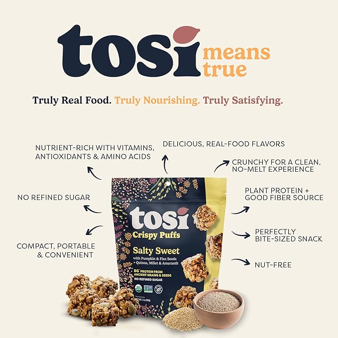 Tosi Crispy Puffs (3oz, 4 Pack), Vegan Crunchy Snacks, 8g Plant Based Protein, Nut-Free, Allergen Friendly, Healthy Snacks for Adults & Kids, Gluten Free Treats, Ancient Grains (Salty Sweet)