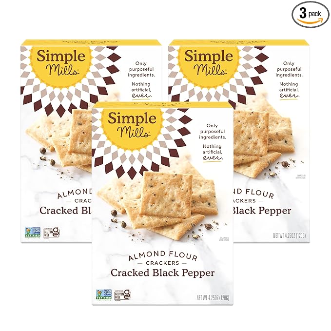 Simple Mills Almond Flour Crackers, Black Cracked Pepper - Gluten Free, Vegan, Healthy Snacks, Plant Based, 4.25 Ounce (Pack of 3)