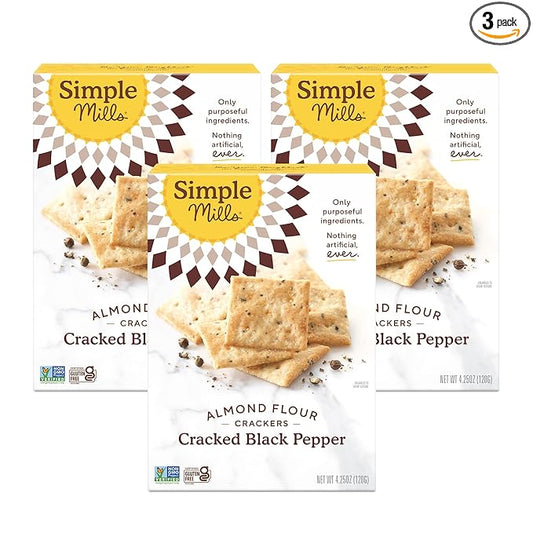 Simple Mills Almond Flour Crackers, Black Cracked Pepper - Gluten Free, Vegan, Healthy Snacks, Plant Based, 4.25 Ounce (Pack of 3)