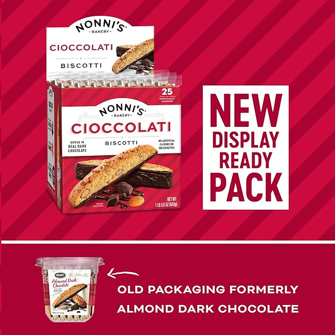 Nonni's Cioccolati Dark Chocolate Almond Biscotti Cookies – Individually Wrapped Italian Coffee Snack, Crunchy Twice-Baked, 90 Cal Each, 21.5 oz Carton, 2 Pack