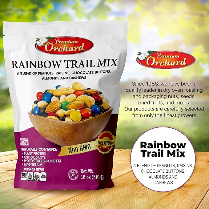 MIXED NUTS Rainbow Trail Mix by Premium Orchard - Healthy Trail Mix Variety Pack Peanuts Raisins Cashews Almonds Chocolate Buttons Heart Healthy Snacks for Adults and Kids Snacks
