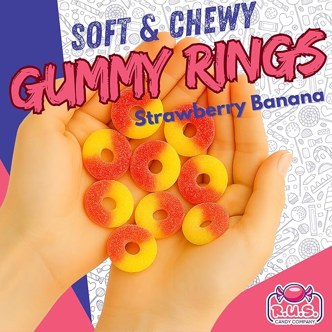 Strawberry Banana Ring Gummies 4.5 lbs Bulk Bag – 292 Approx Pcs Fruity Gummies – Fresh, Soft & Chewy – Party, Snack, Candy Buffet – by RUS Candy Company (Strawberry Banana)