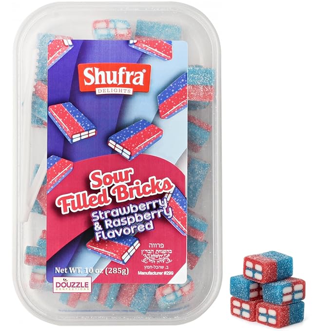 DOUzzle Valentines Day Sweet Treats, Strawberry & Raspberry Flvrd Sour Filled Bricks (10 OZ - Pack of 1) Goodie Bag Stuffer, Pinata Filler - Kosher Parve