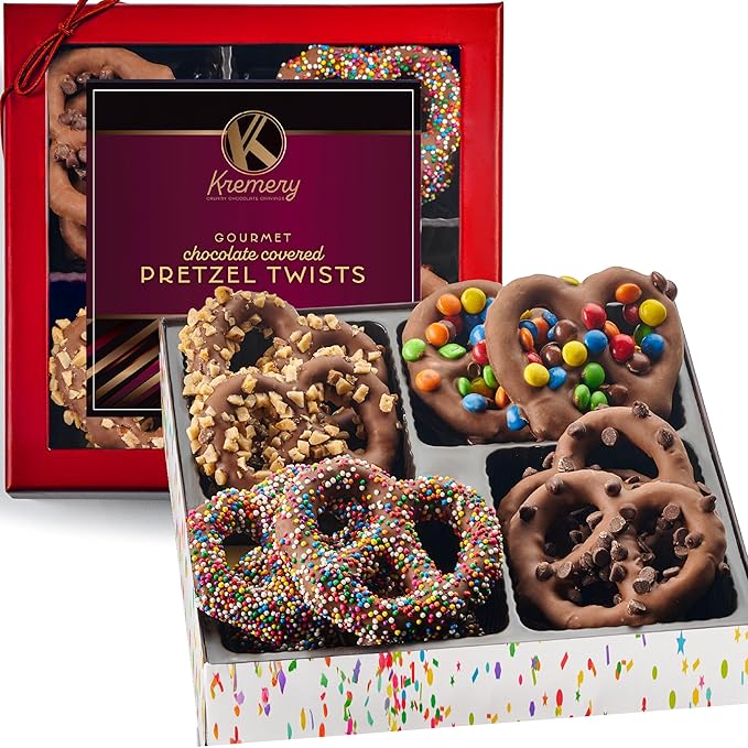 KREMERY Creamy Chocolate Cravings - Valentines Day Chocolate Covered Pretzel Twists Gift Basket, in Confetti Gift Box (12 Pretzels, Assorted Sweet Toppings) Sweet Treats Food Arrangement, Kosher