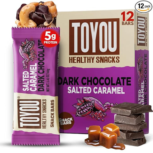 ToYou Gluten Free Chewy Fruit and Nut Bars - Healthy Protein Snacks | Salted Caramel Dark Chocolate - 1.41 Ounce (Pack of 12) | Soft Chewy, Fiber-Packed Granola Bars for Adults and Kids, Made with Natural Ingredients