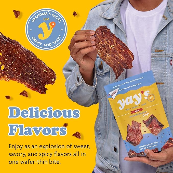 Yay's Snacks Sweet and Spicy Beef Crisps | Crispy, Crunchy, High Protein Snacks | Mild Beef Jerky with 24G Protein Snacks Per Bag | Healthy Meat Snacks Non-GMO, USA Made - 6 Packs (1.75 Oz Each)