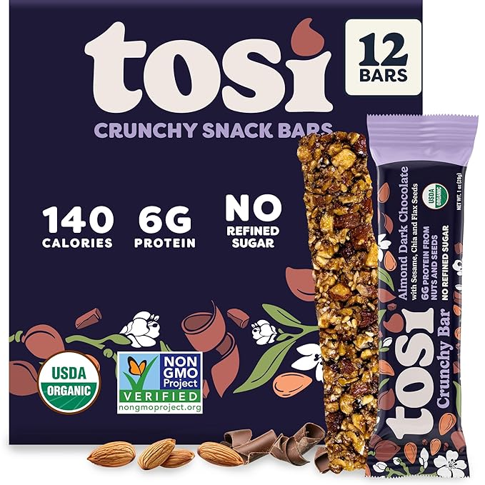 Tosi Nut Bars, Almond Dark Chocolate, Healthy Snacks for Adults & Kids, Plant Based Crunchy Bars (6G Protein), Organic Keto Snacks, Vegan, Gluten & Soy Free, Low Sugar, Omega 3s, 1oz, 12-Pack