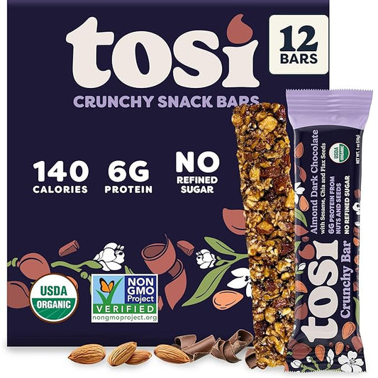 Tosi Nut Bars, Almond Dark Chocolate, Healthy Snacks for Adults & Kids, Plant Based Crunchy Bars (6G Protein), Organic Keto Snacks, Vegan, Gluten & Soy Free, Low Sugar, Omega 3s, 1oz, 12-Pack