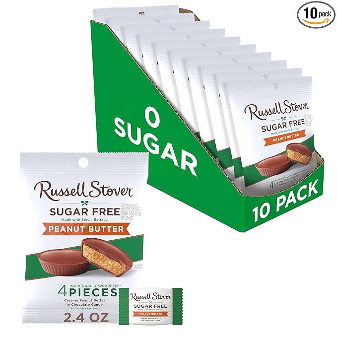 RUSSELL STOVER Sugar Free Peanut Butter Chocolate Candy, 2.4 oz. bag (Pack of 10)