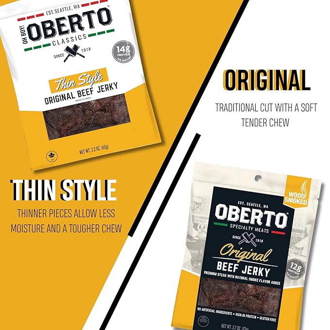 Oberto Classics Thin Style Beef Jerky, Original Flavor, No Artificial Ingredients, High Protein, Gluten Free, Wood Smoked, Premium Steak Beef Jerky High Protein Snacks, 2.2 Ounce (Pack of 8)