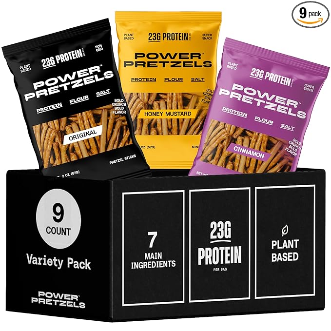 Power Pretzels - Variety Pack, 9 Count, 23g Protein per Bag, Vegan Friendly and Plant-Based, (3) Cinnamon, (3) Honey Mustard, (3) Salt, Perfect for Active Adults, Great for Gym, Work, or On-the-Go