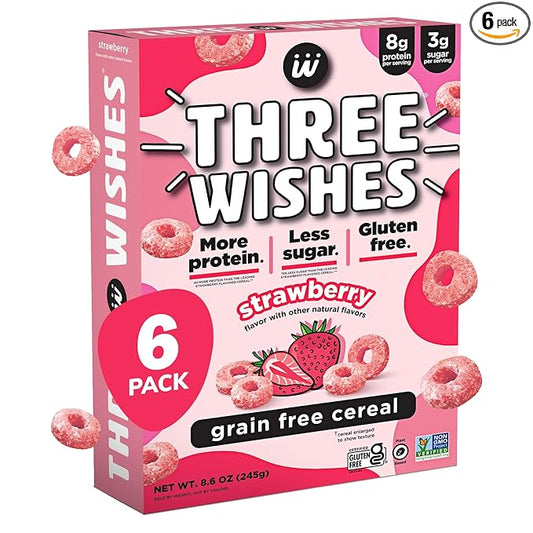 Three Wishes Grain-Free & Protein Cereal - Healthy, Low Sugar & Gluten-Free Breakfast Cereal - Low Carb, Plant-Based, Vegan & Non-GMO - Strawberry, 6-Pack