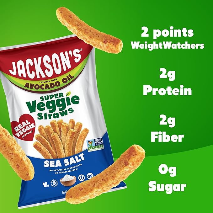 Jackson’s Super Veggie Straws (Sea Salt, 6.5 oz, Pack of 6) – Gluten Free, Vegan, Snacks for Kids & Adults – Made with Premium Avocado Oil – Allergen-friendly, Veggie Straws Individual Bags
