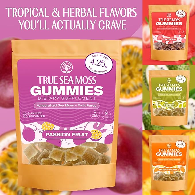 True Sea Moss Gummies – High Potency 4250mg Wildcrafted Irish Sea Moss Gel Extract per Serving + Passion Fruit Flavor – With Coconut Sugar & Real Fruit Purée – 30 Gummies (30 Servings)