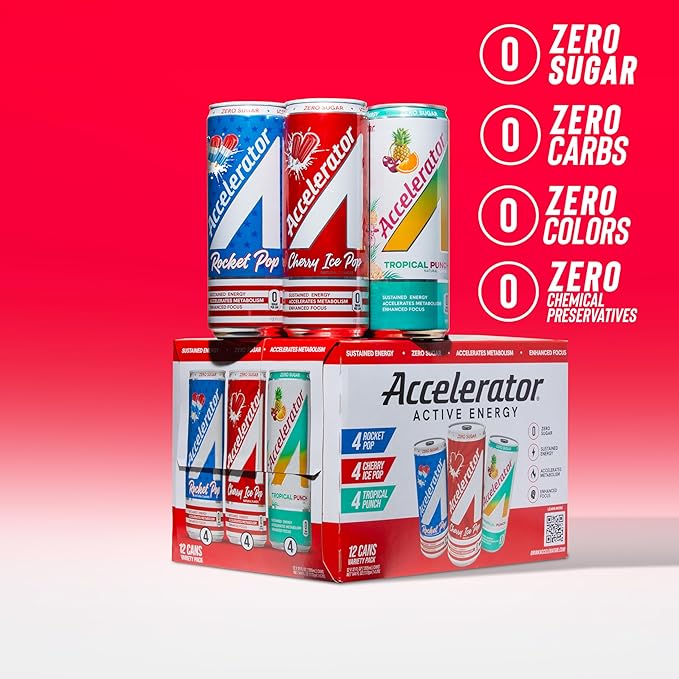 Accelerator Energy Drink, Variety Pack 12oz can (12 pack), Zero Sugar, Sustained Energy from 100% Natural Caffeine (200mg from Green Coffee Bean & Green Tea extract)