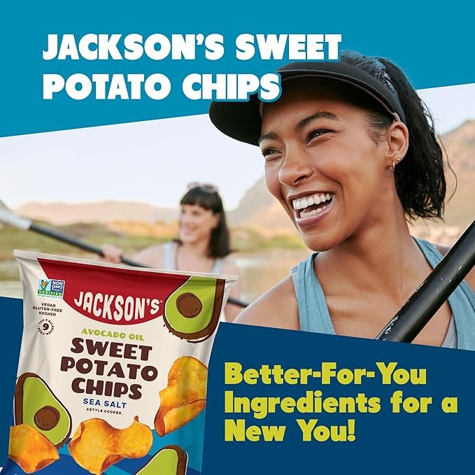 Jackson’s Sweet Potato Kettle Chips with Sea Salt made with Premium Avocado Oil (1.5 Ounce, Pack of 18) - Allergen-friendly, Gluten Free, Peanut Free, Vegan, Paleo Friendly - Shark Tank Product