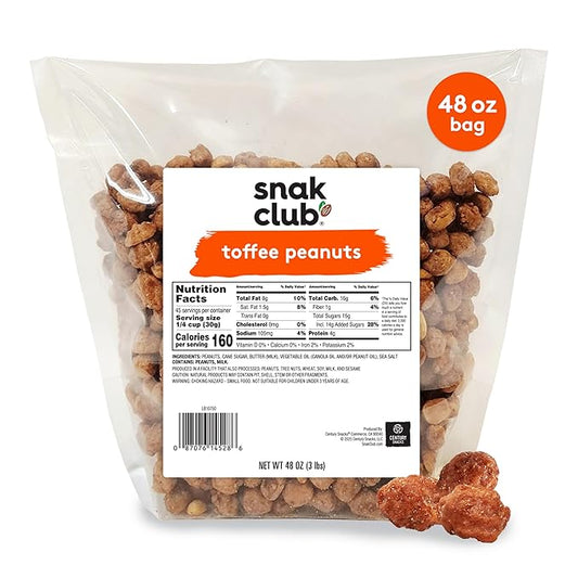 Snak Club Toffee Peanuts, Candied Peanuts with Praline Coat and Sweet Cream, Gluten-Free and Kosher Snack, 3 lb Resealable Bulk Bag