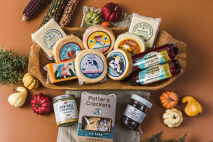 Chees Bros Deluxe "Thankful for Cheese" Gift Box | Fresh from Wisconsin | Featuring Dill Havarti, Sharp Cheddar, Smoked Gouda, Fontina Cheese, Jam, Mustard, Crackers | Thanksgiving Host Gifting Idea