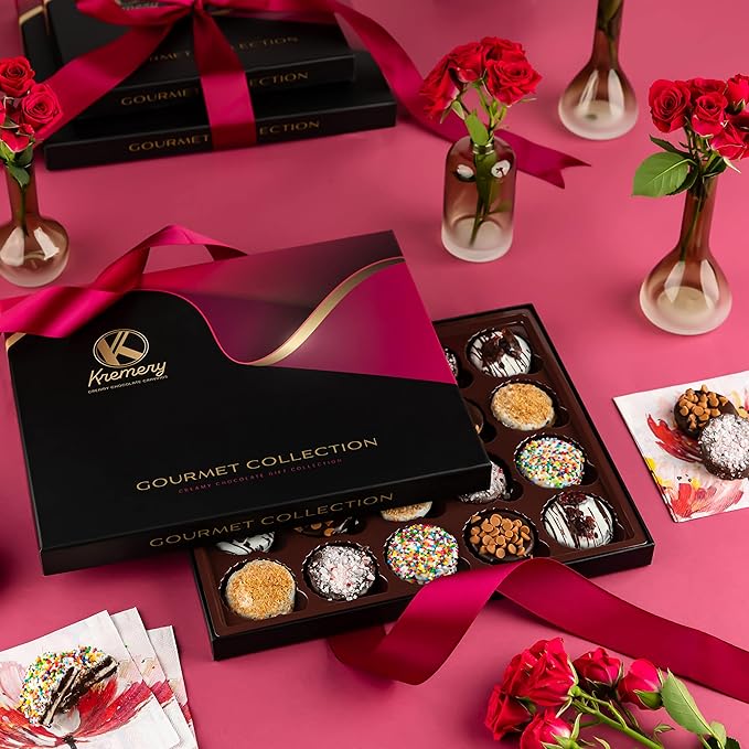KREMERY Creamy Chocolate Cravings - Valentines Day Chocolate Covered Sandwich Cookies & Cream Gift Basket, in Elegant Gift Box (20 Cookies, Assorted Sweet Toppings) Sweet Treats, Kosher