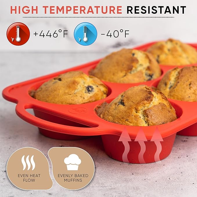 BAKE BOSS Regular Size 6 Cup Muffin Pan – Silicone Muffin Pans for Baking with Metal Handles – Nonstick Silicone Cupcake Pan, Easy-Release, BPA-Free Muffin Tray, Oven & Dishwasher Safe – Red