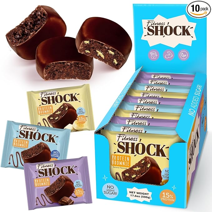 FitnesSHOCK Protein Brownie Variety Pack – 10 Count – Dark Chocolate, Banana & Coconut – No Added Sugar, Dessert Alternative, Soft Baked, 15% Protein, 10x50g – Low Sugar Snack
