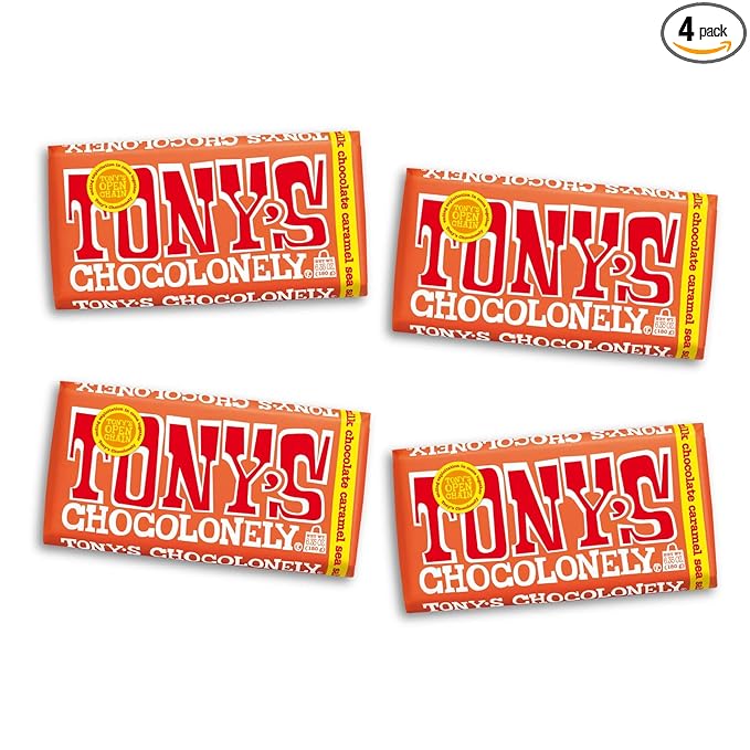 Tony’s Chocolonely Belgian Milk Chocolate Candy Bar With Caramel & Sea Salt, Chocolate Bars for Snacks, Party Favors, or Gifts, 32% Cacao, Made From Quality Fairtrade Cocoa, 4 Bars, 6.35 Oz Each