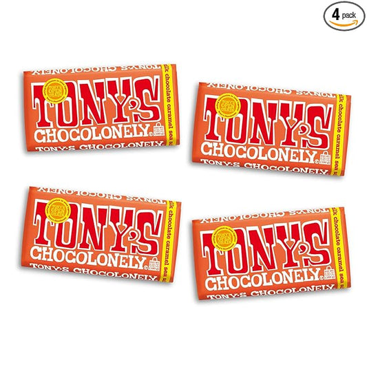 Tony’s Chocolonely Belgian Milk Chocolate Candy Bar With Caramel & Sea Salt, Chocolate Bars for Snacks, Party Favors, or Gifts, 32% Cacao, Made From Quality Fairtrade Cocoa, 4 Bars, 6.35 Oz Each