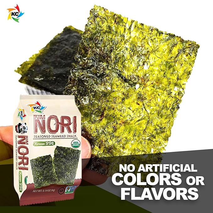 KIMNORI Seasoned Seaweed Snacks Sheets – Organic Korean BBQ Flavor 24 Individual Packs, Roasted Crispy Premium, 100% Natural Laver, Kim Nori 4g 0.14 Ounce