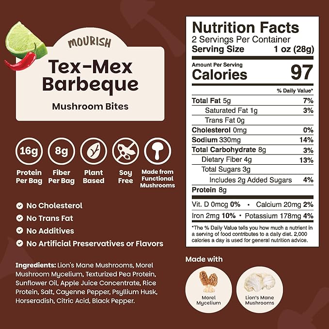 Mourish Vegan Mushroom Bites, Tex-Mex BBQ, 1 Pack (2 oz), Good Source of Protein and Fiber, Plant Based Meat Jerky, Medium to High Heat, Meatless Healthy Snacks for Hiking, Work, Travel & School
