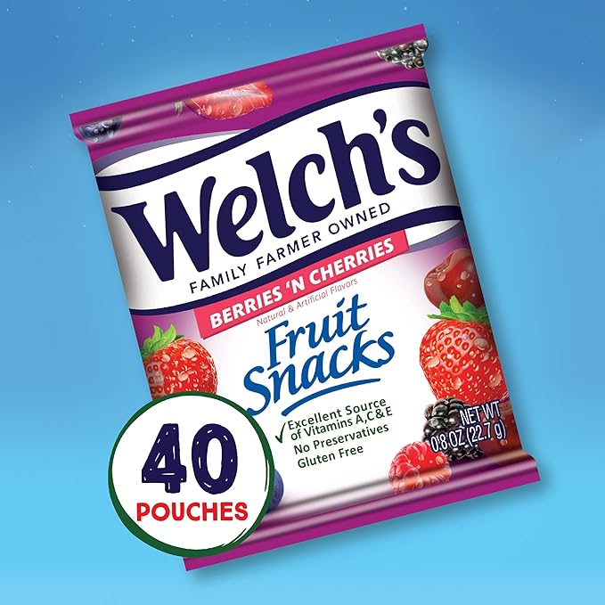 Welch's Fruit Snacks, Berries 'n Cherries, Gluten Free, Bulk Pack, 0.8 Ounce - 40 Count (Pack of 5)
