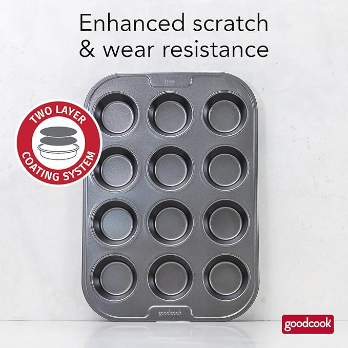 GoodCook PRO Muffin Pan Nonstick Cupcake Pan, Warp & Scratch-Resistant Dishwasher-Safe Carbon Steel Construction for Even Baking With or Without Liners, 12-Cup, Gray