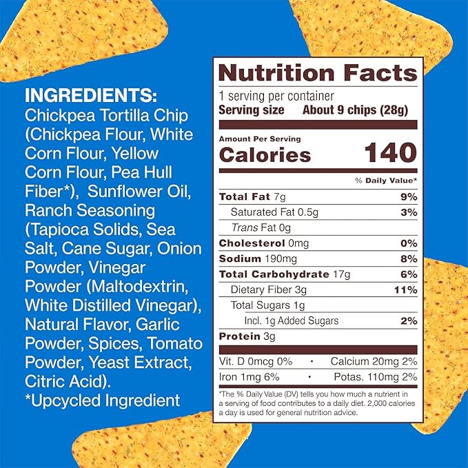 HIPPEAS Chickpea Tortilla Chips, Rockin' Ranch Gluten Free Snacks, Dairy Free, Vegan, 7oz Bag, 3g Protein, 3g Fiber, Crunchy, Nutritious, Baked Plant Protein Snack, Non-GMO, Kosher
