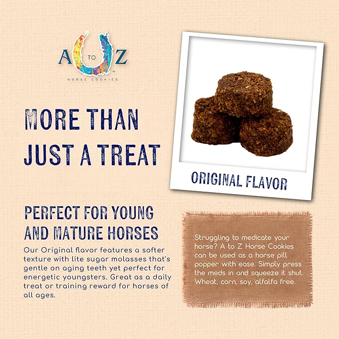 A TO Z HORSE COOKIES Horse Treats, Original Flavor, A Softer Cookie/Pill Popper Made w/Lite Molasses, Low Carb/Sugar, Wheat, Corn, Soy & Alfalfa Free. All Natural Ingredients, 4.5 lb