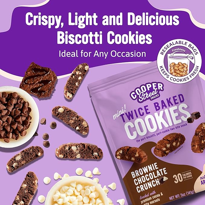 COOPER STREET Twice Baked Brownie Chocolate Biscotti Cookies - Crispy Mini Biscotti Cookies Ideal with Coffee - Traditional Low Calorie Italian Snacks - Kosher, Dairy, Peanut & Soy Free (6 Pack)