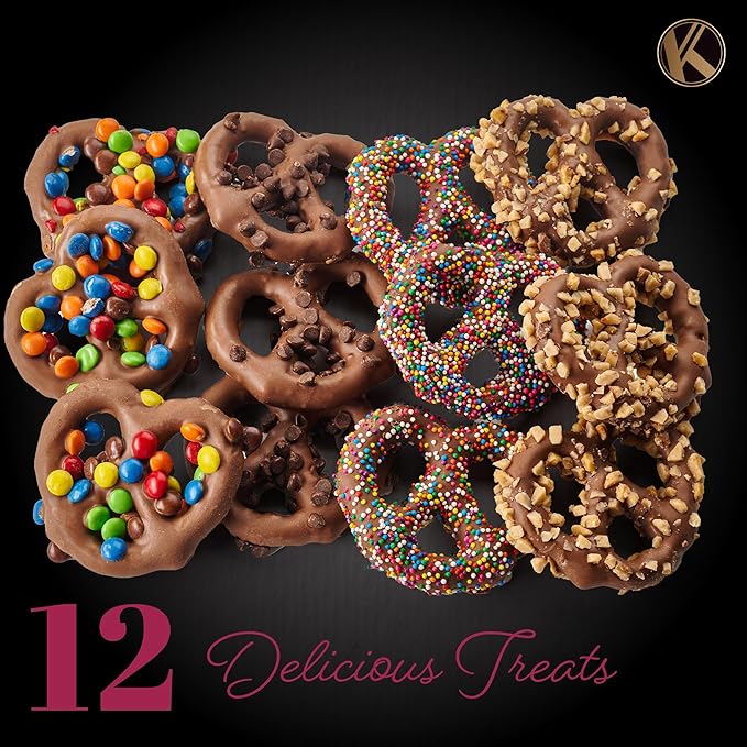 KREMERY Creamy Chocolate Cravings - Valentines Day Chocolate Covered Pretzel Twists Gift Basket, in Brown Gift Box (12 Pretzels, Assorted Sweet Toppings) Sweet Treats Food Arrangement, Kosher