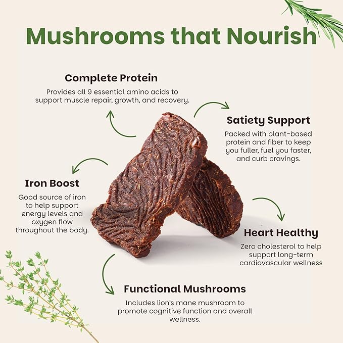 Mourish Vegan Mushroom Bites, Rosemary and Thyme, 1 Pack (2 oz), Good Source of Protein and Fiber, Plant Based Meat Jerky, Meatless Healthy Snacks for Hiking, Camping, Work, Travel & School